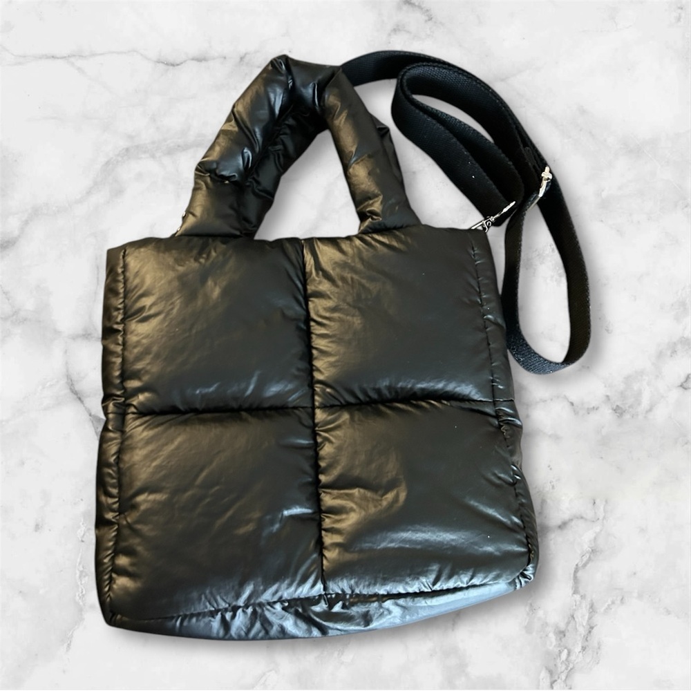 Urban Outfitters Millie quilted black puffy small tote bag with crossbody strap